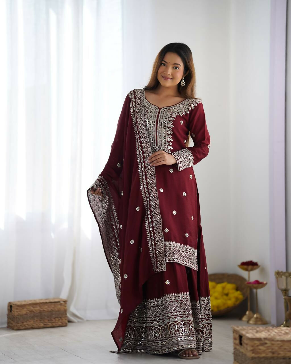 Joban Fashion Maroon Kurta Set Silk Sequins , Zari, Coding & Thread Embroidered work