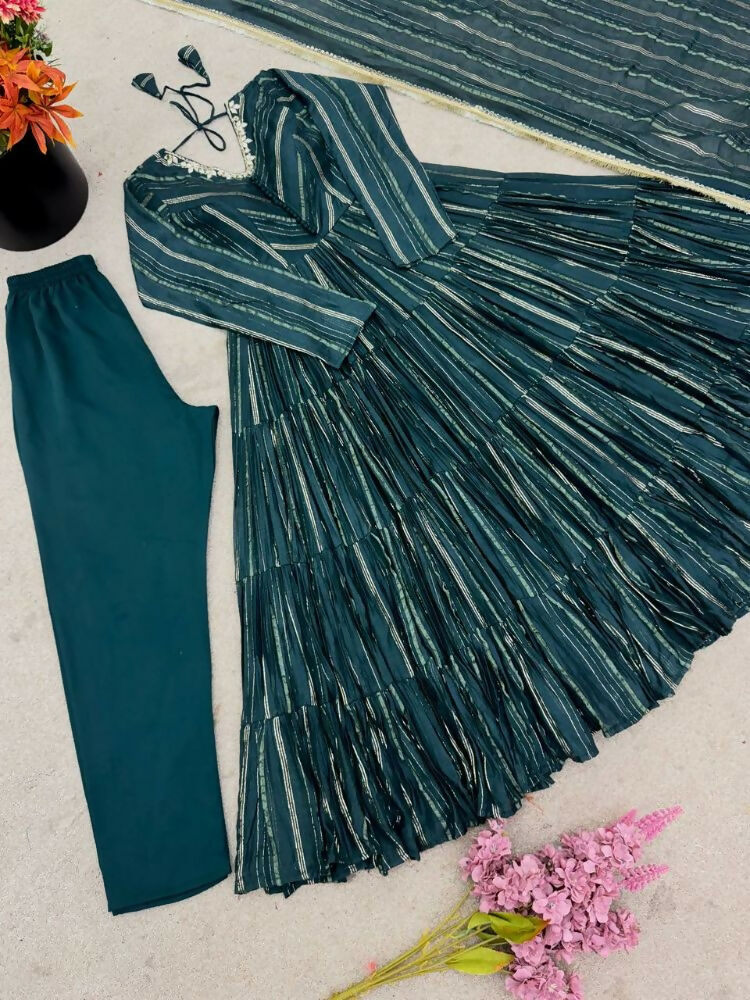 Teeya Creation Teal Color Mal Chanderi Silk Hand Embroidery Work Long Gown