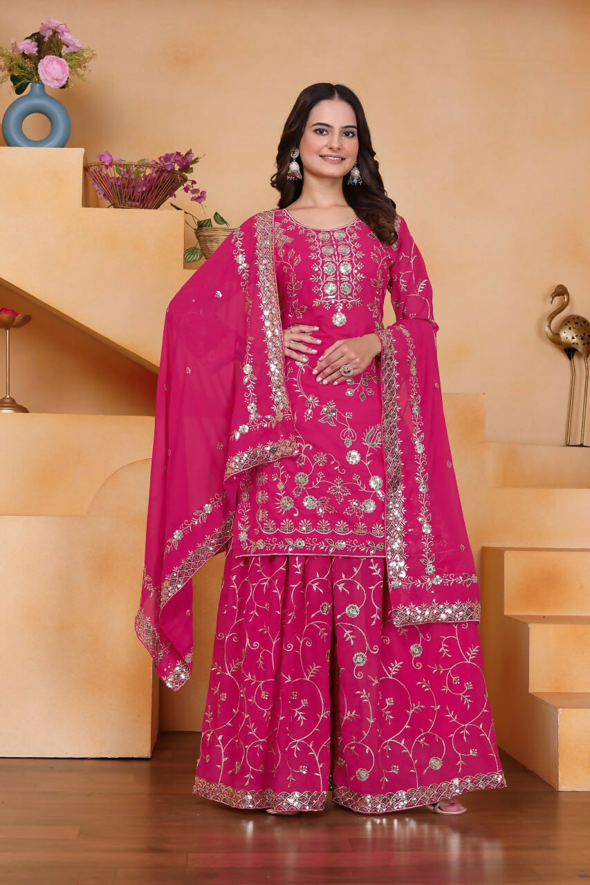 Teeya Creation Pink Color Faux Georgette Embroidery Work Wedding Wear Palazzo Set