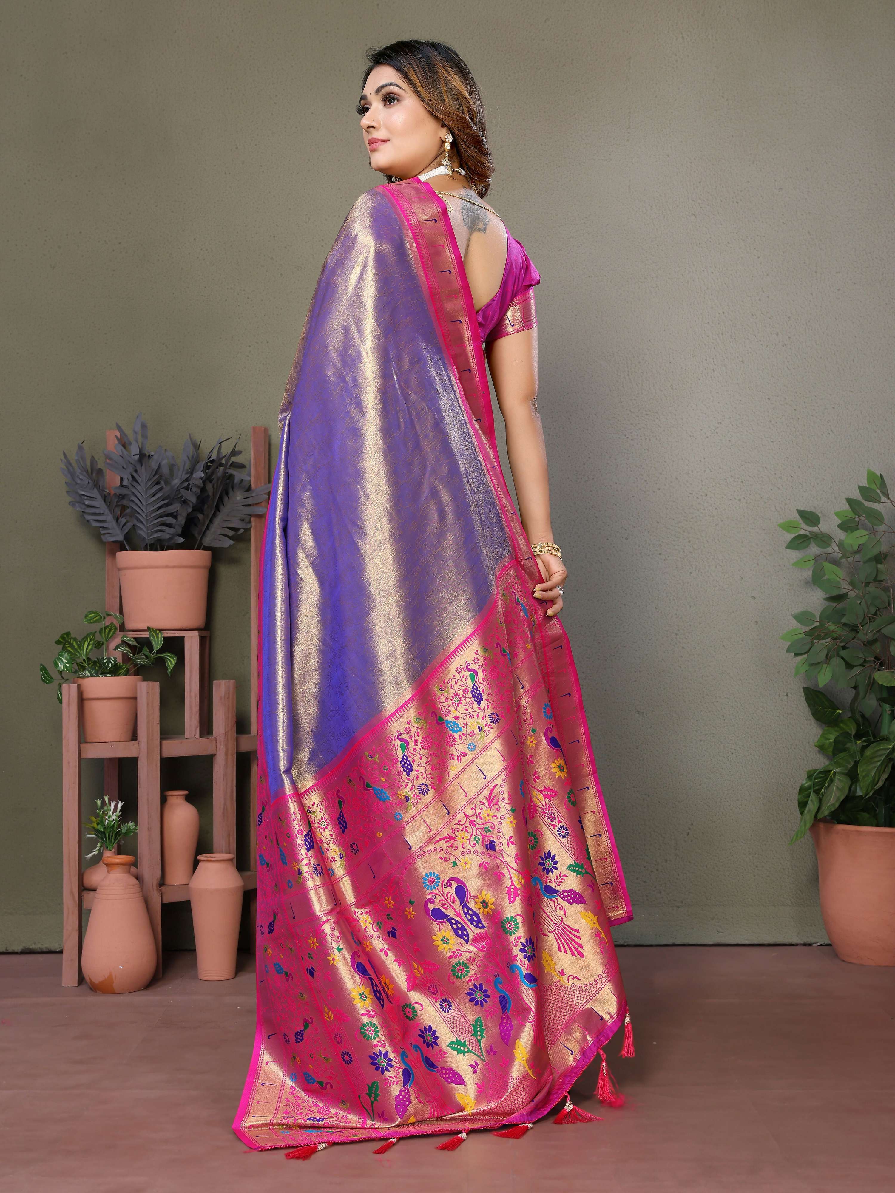 Aastha Fashion Purple Tissue Silk Paithani Woven Saree