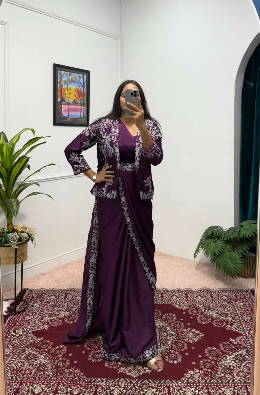 Teeya Creation Wine Color Chinon Silk Wedding Wear Ready To Wear Saree With Koti