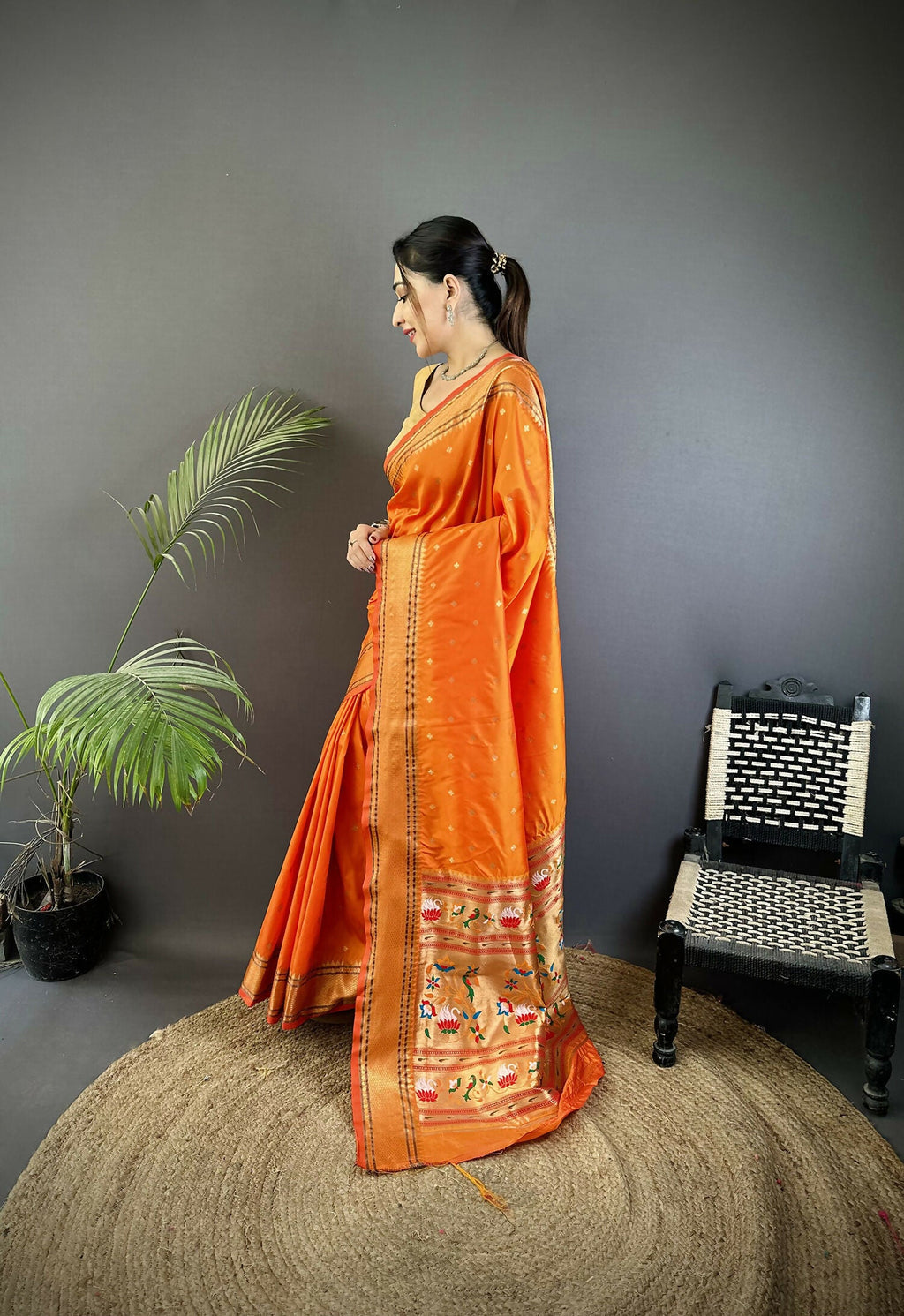 Joban Fashion Orange Butti Woven Soft Lichi Silk Paithani Saree