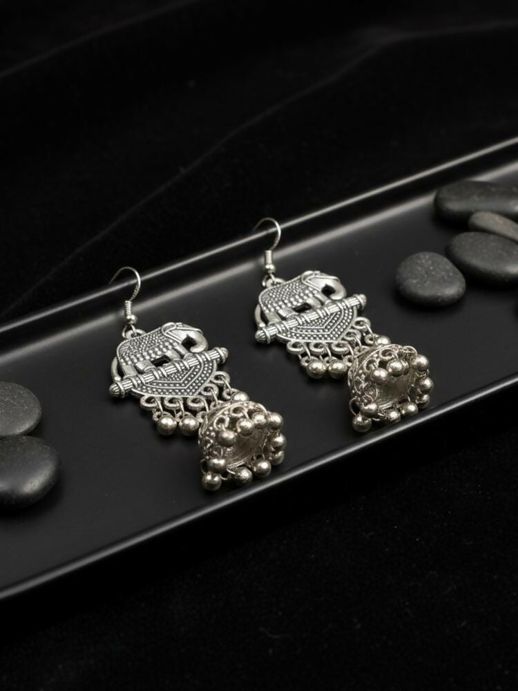 NVR Women Elephant Design German Silver Oxidised Jhumka Earrings