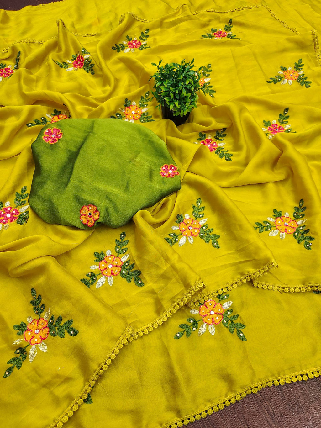 Teeya Creation Yellow Rangoli Silk Embroidery Work Party Wear Designer Saree