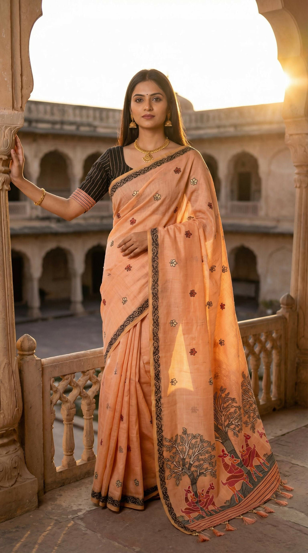 Vastranavya Peach Muga Cotton Meenakari & Azarakh Pallu Saree with Contrast Blouse