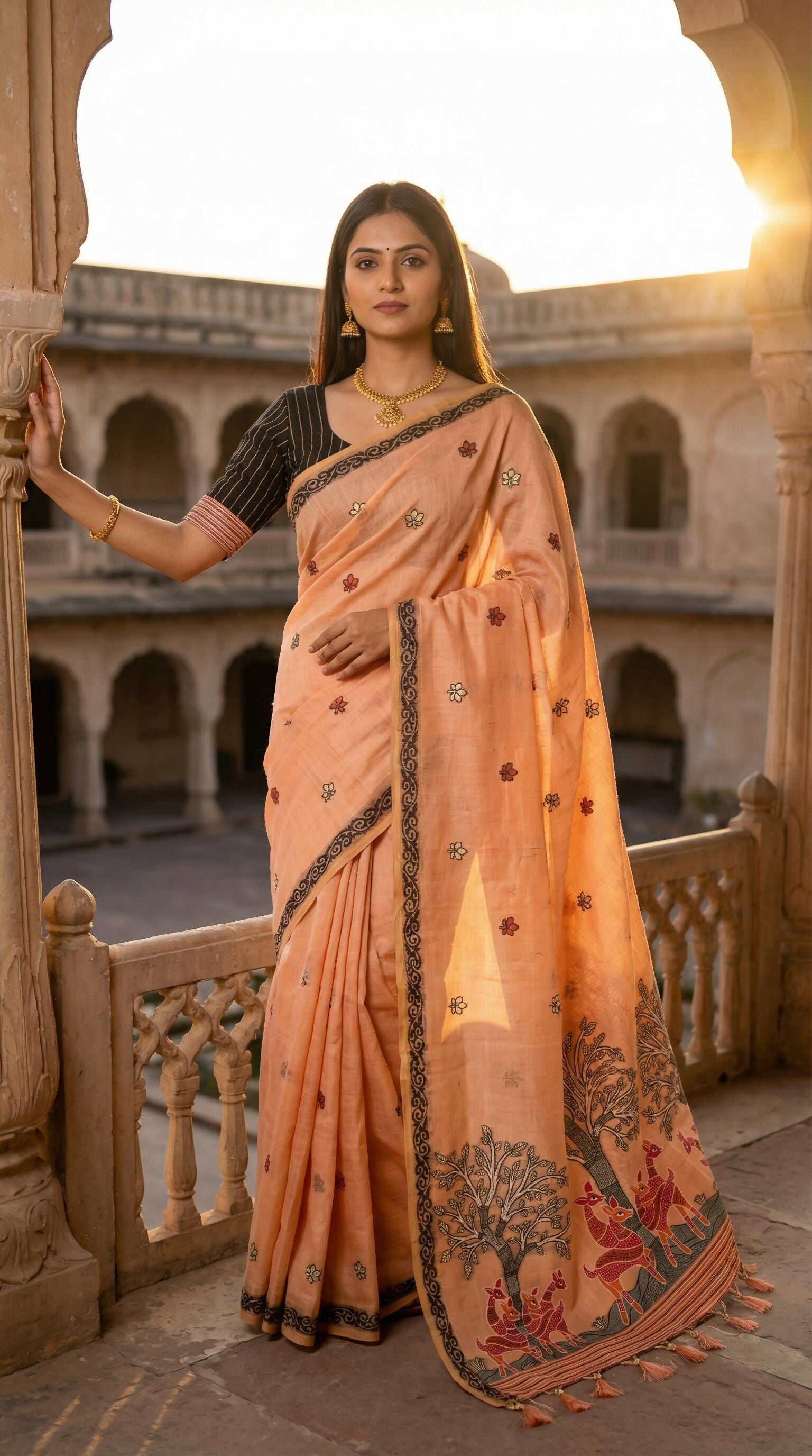 Vastranavya Peach Muga Cotton Meenakari & Azarakh Pallu Saree with Contrast Blouse