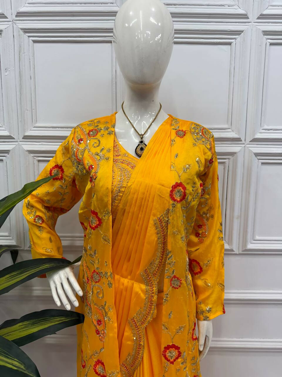 Teeya Creation Yellow Color Chinon Silk Designer Embroidery Work Ready To Wear Saree With Koti