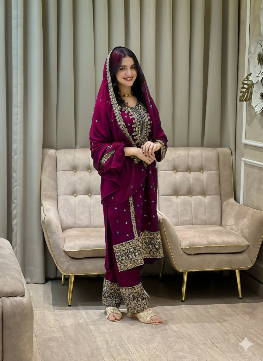 Teeya Creation Wine Color Faux Georgette Embroidery Work Party Wear Salwar Suit