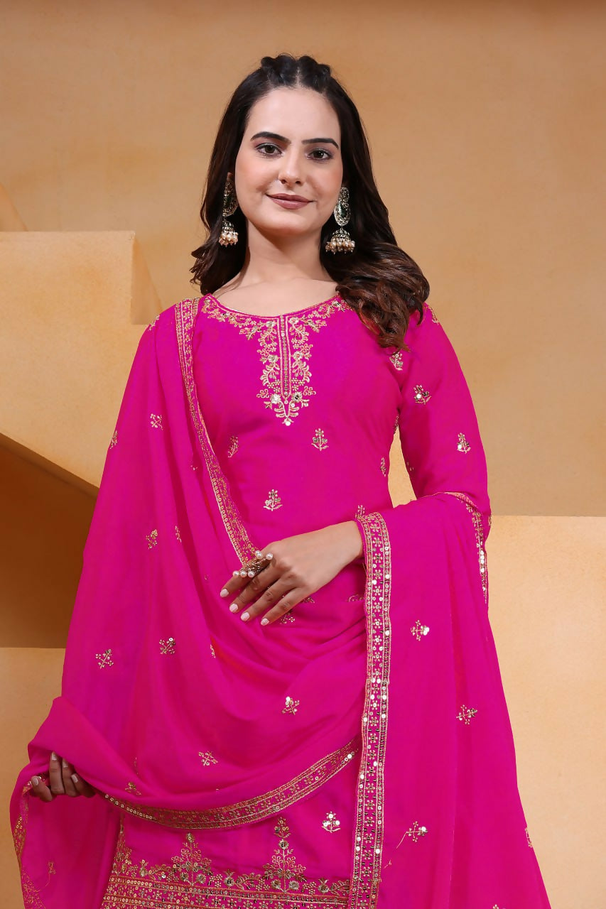 Teeya Creation Pink Color Chinon Silk Wedding Wear Trending Palazzo Set