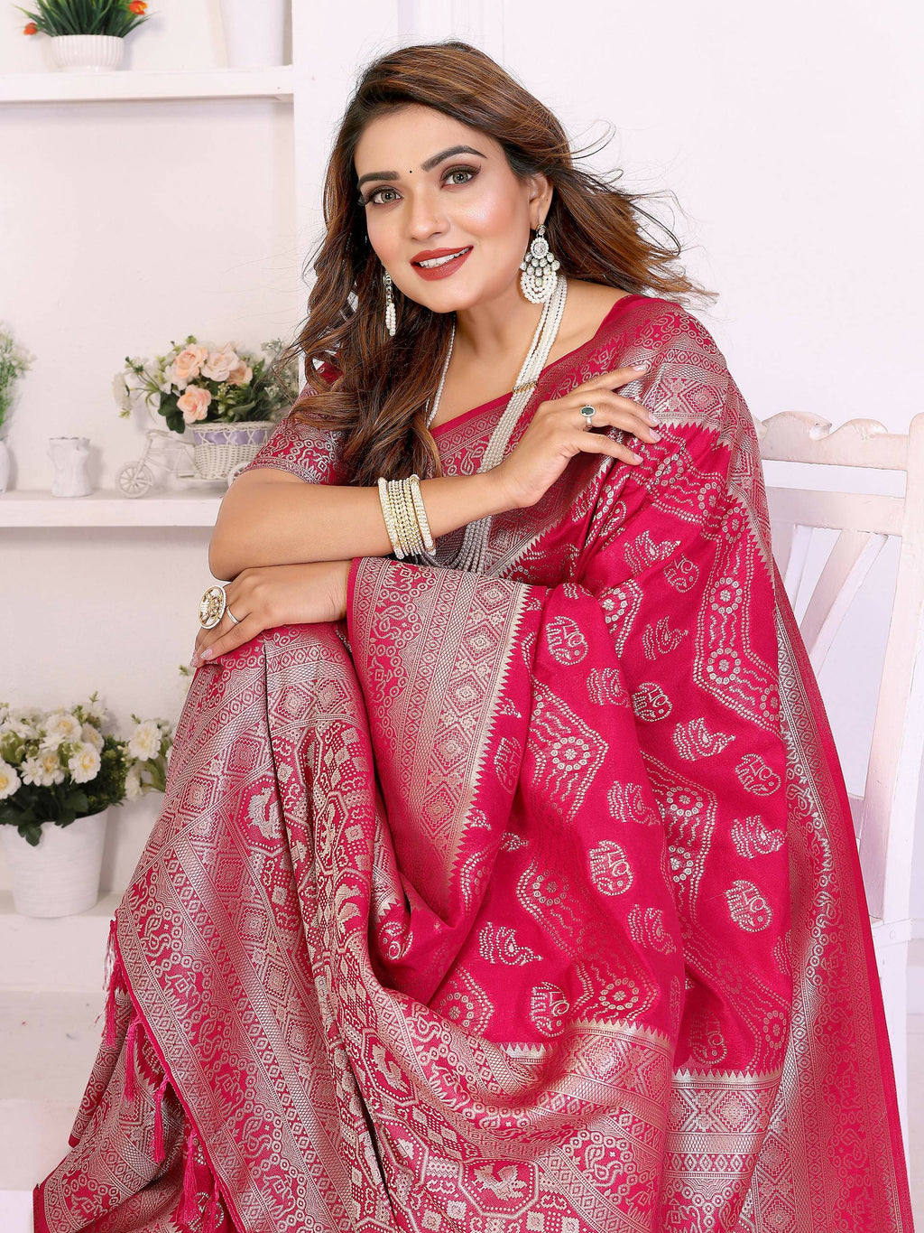 Aastha Fashion Magenta Georgette Silk Leheriya With Elegant Zari Weaving Saree