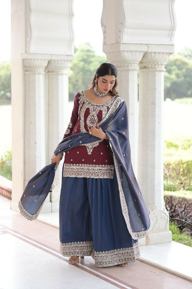 Joban Fashion Maroon Kurta Set Silk Sequins , Zari, Coding & Thread Embroidered work