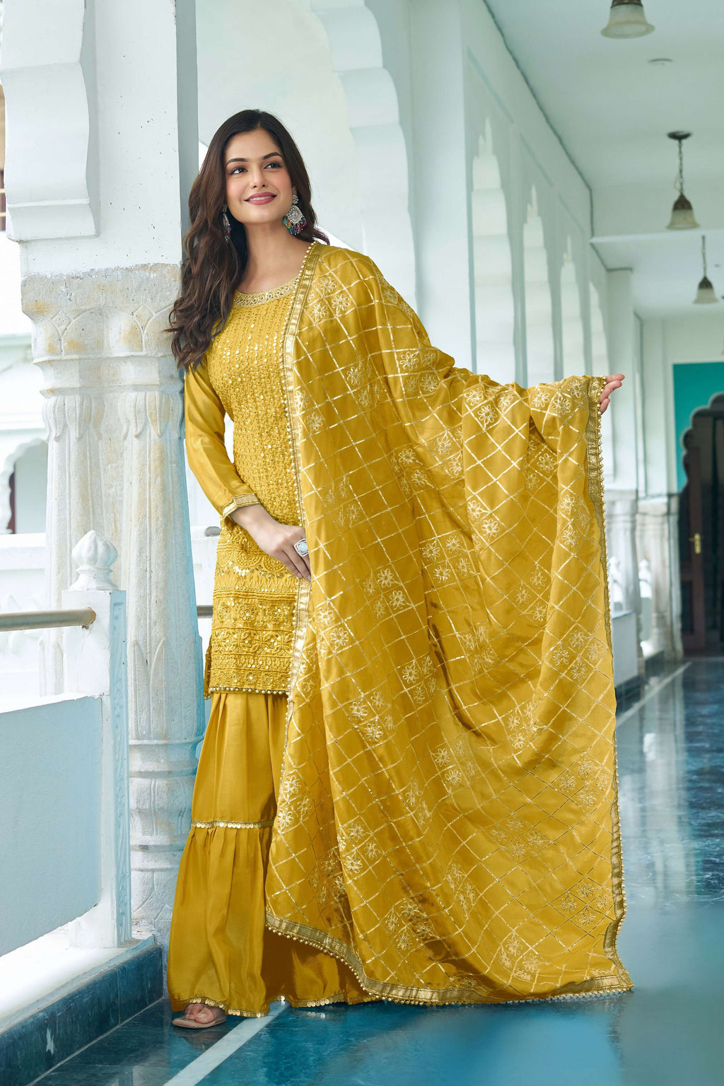 Joban Fashion Yellow Kurta Set Chinon Silk Embroidery Sequence Work