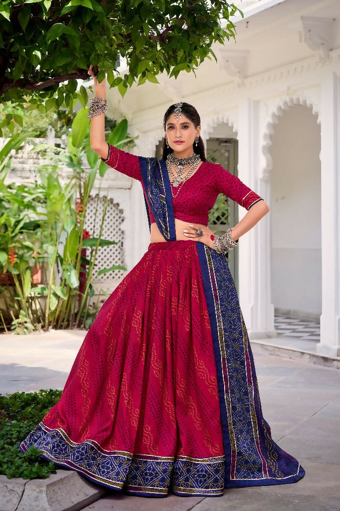 Evanik Pink Tassa Silk With Bandhej Print Lehenga Choli