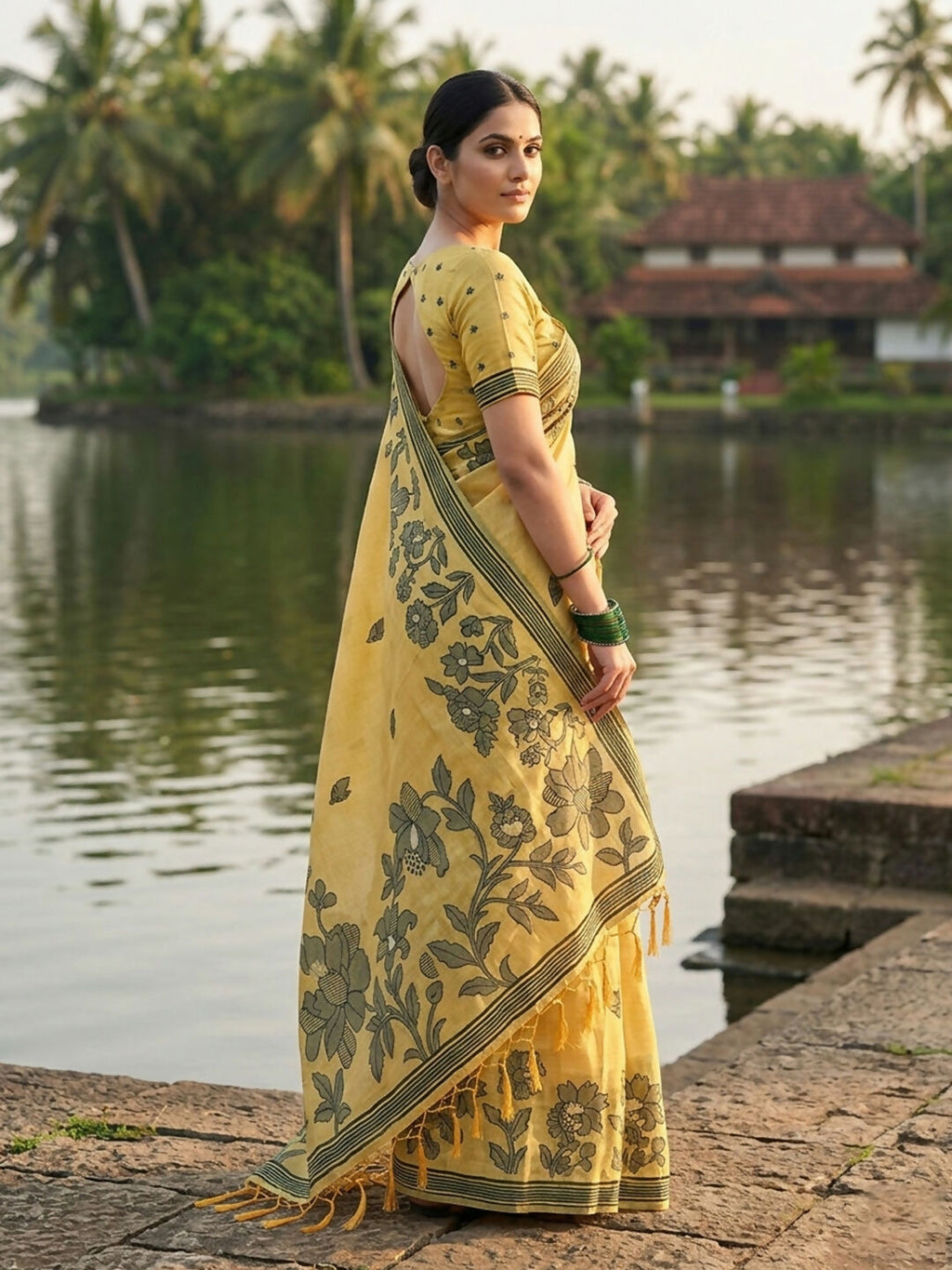 Shree Shyam Fashion Yellow Linen Cotton Saree