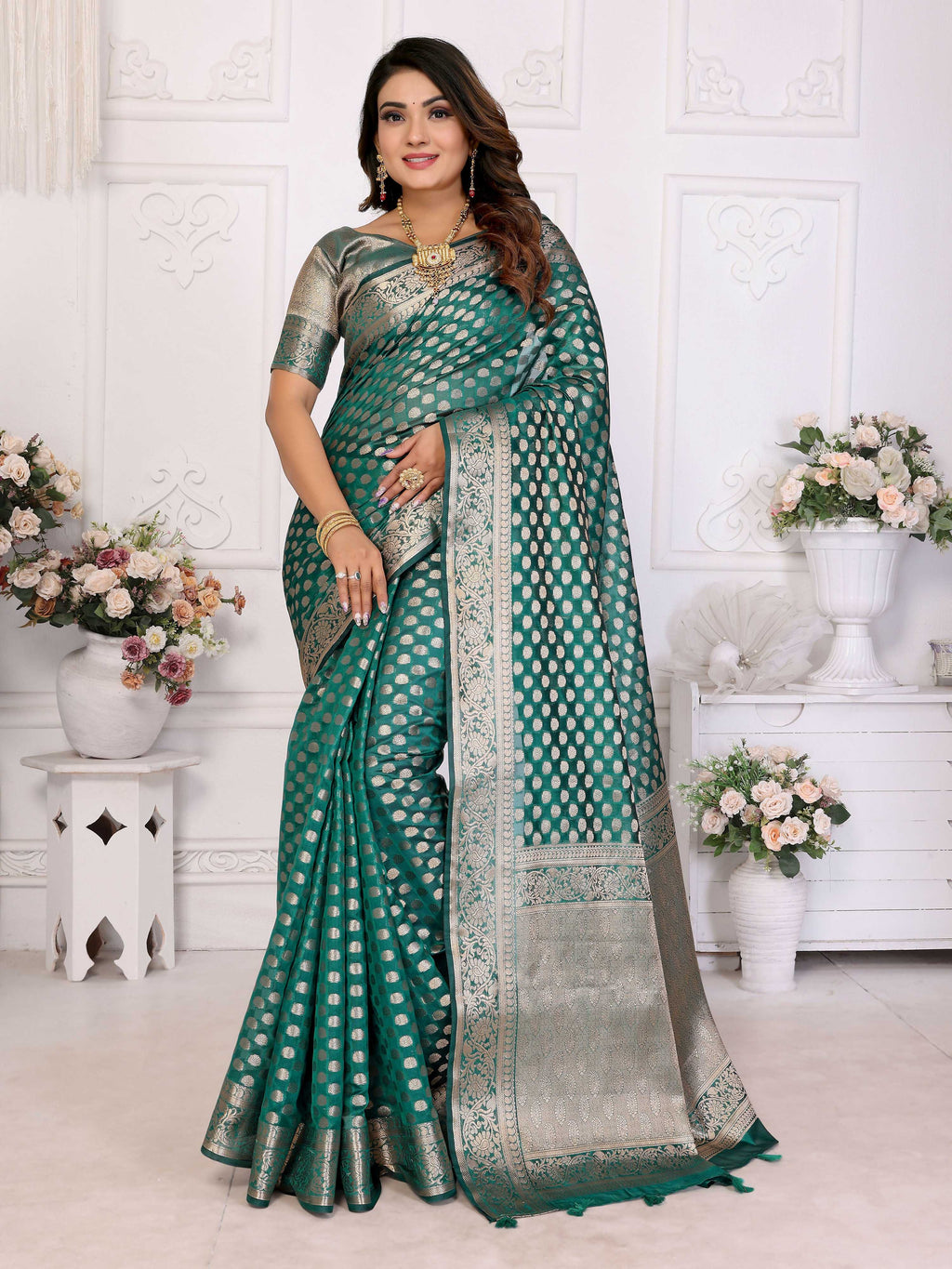 Aastha Fashion Green Organza Silk Weaving Saree