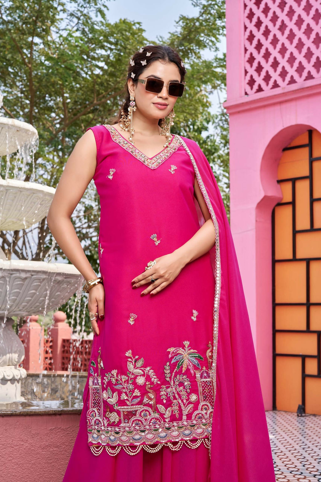 Teeya Creation Womens New Stylish Moti Beads With Cording Sequence Thread Embroidery Work Pink Kurta Set