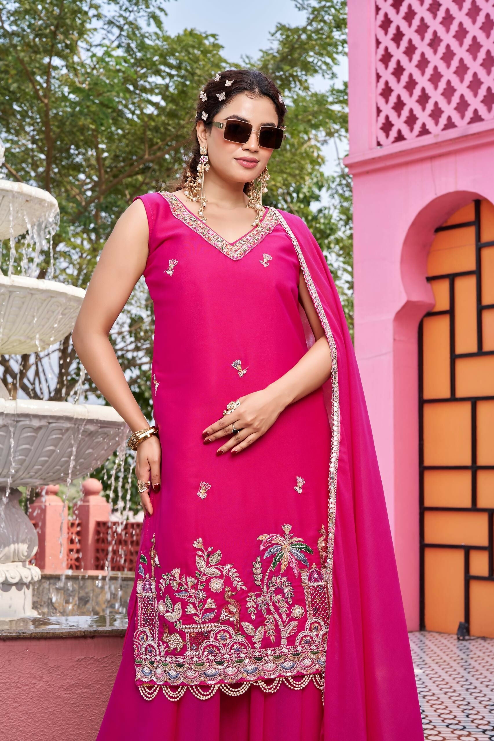 Teeya Creation Womens New Stylish Moti Beads With Cording Sequence Thread Embroidery Work Pink Kurta Set