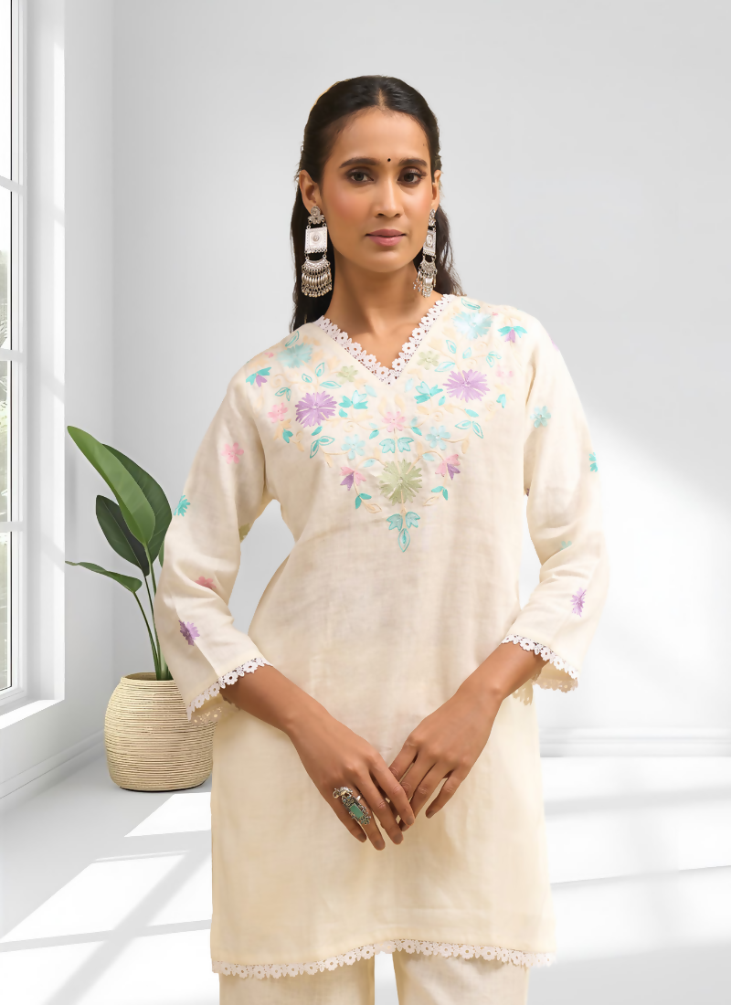 Joban Fashion Cream Linen Embroidered Readymade Cord Set