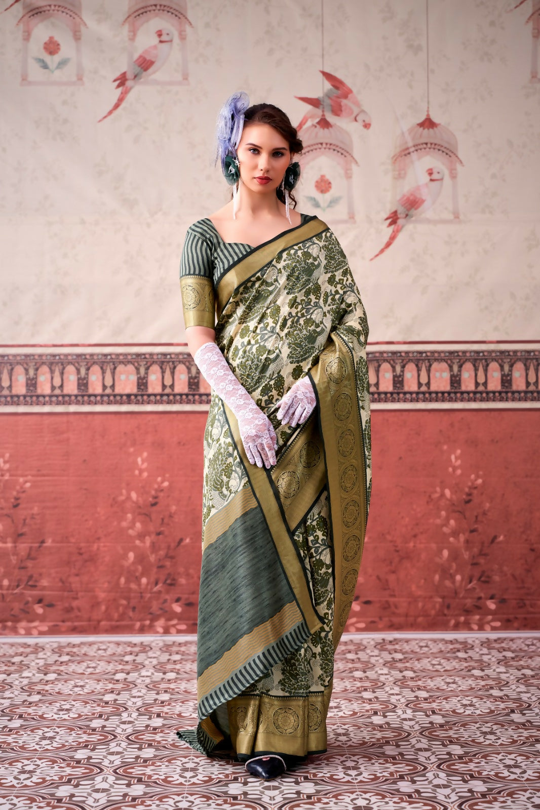 Vastranavya Mehendi Tussar Silk Printed with Viscose Border Saree & Unstitched Blouse
