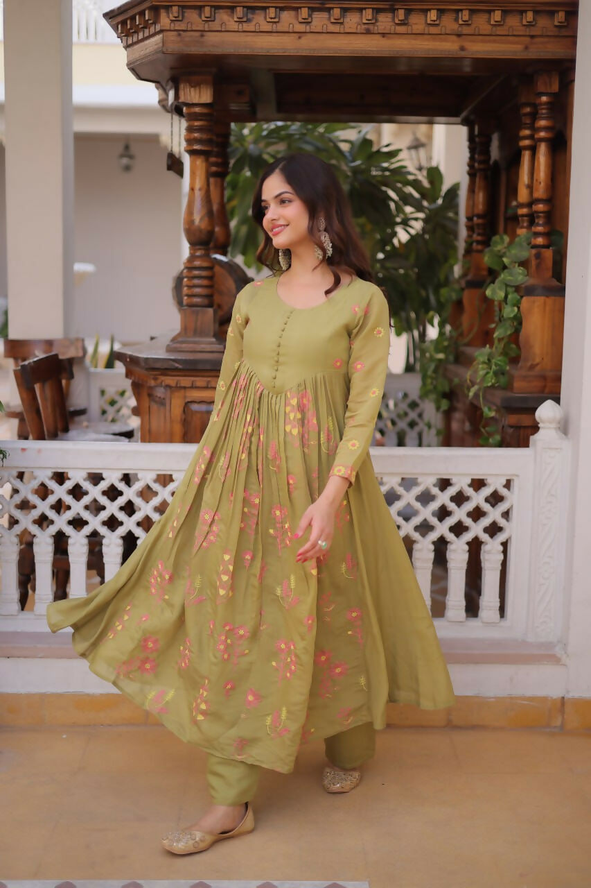 Teeya Creation Womens New Fancy Mul Chanderi With Embroidered Work Gown Set