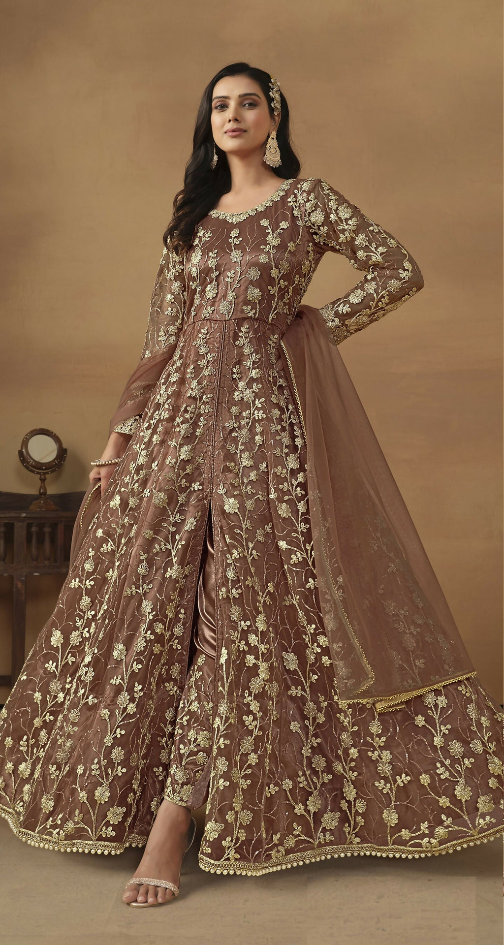 Anaita Brown Embroidered Butterfly Net Anarkali Suit