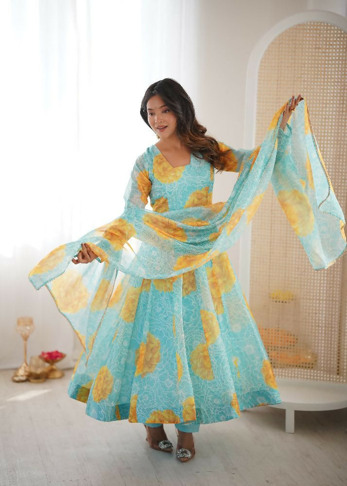 Teeya Creation Multi Color Soft Organza Silk Digital Print Party Wear Gown