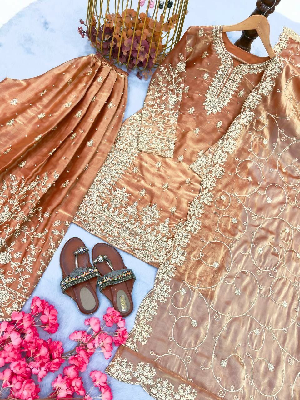 Teeya Creation Peach Pure Silk Gimmy Silk Heavy Embroidery Work Wedding Wear Palazzo Pair