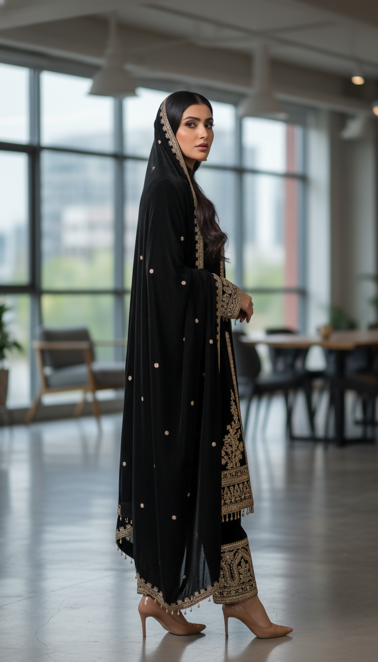 Joban Fashion Black Kurta Set Velvet Embroidery Sequence Work
