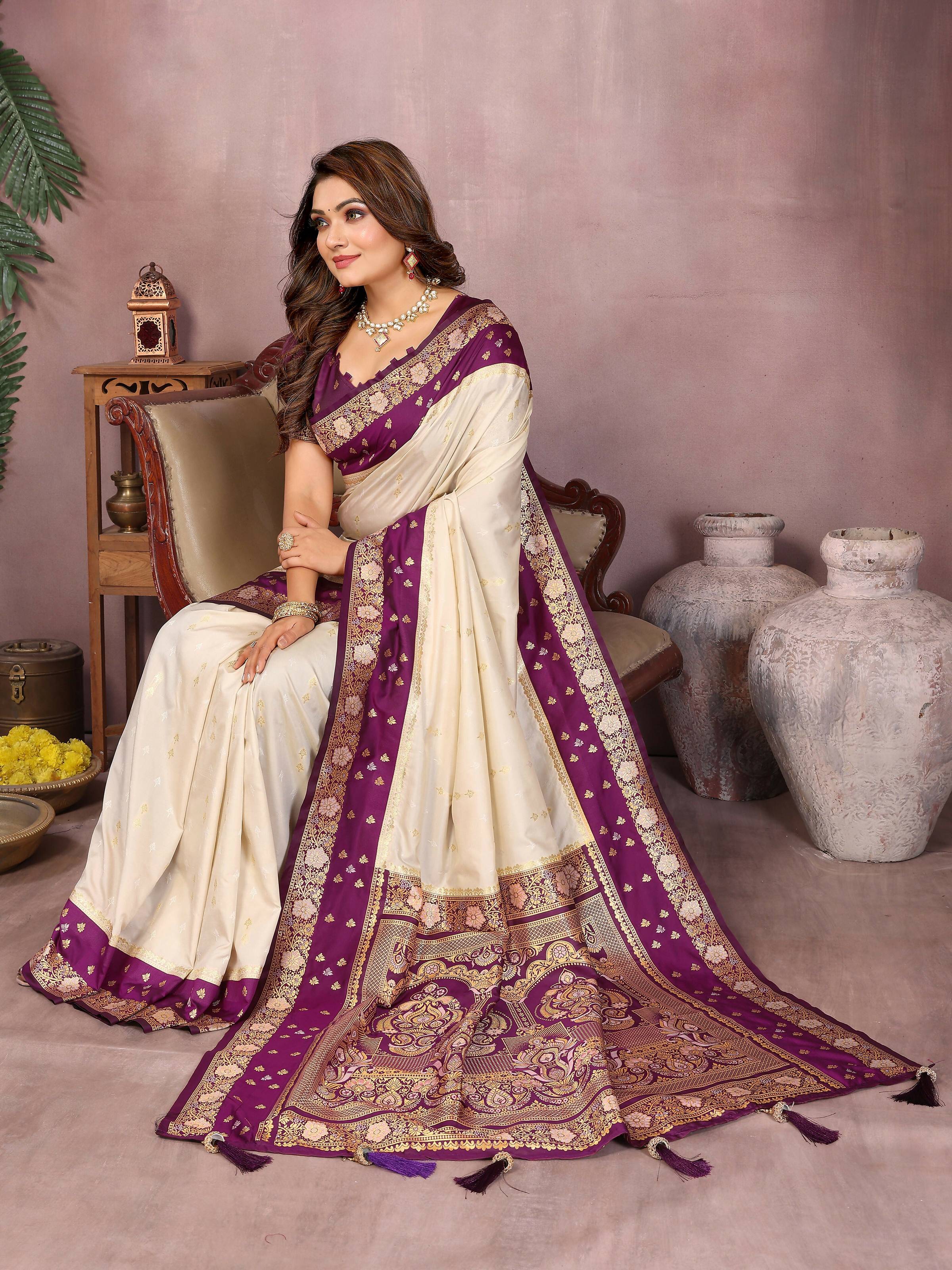 Aastha Fashion Cream Kalamkari Silk Zari Woven Saree