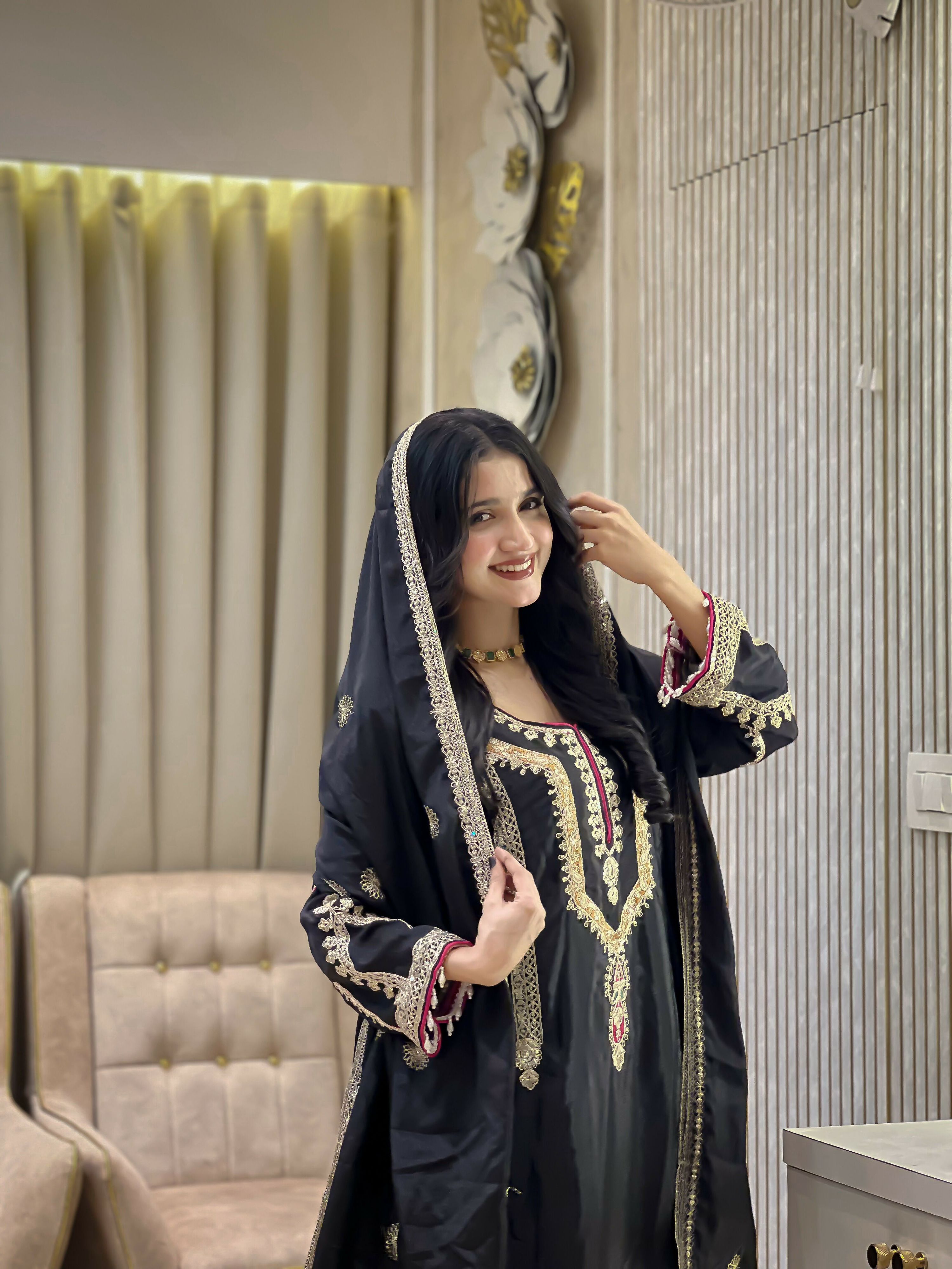 Teeya Creation Black Color Chinon Silk Party Wear Trending Palazzo Set