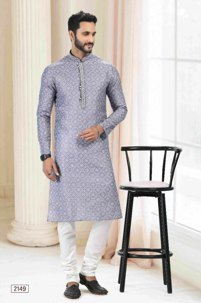 Raivat Ethnic Cotton Thread Work Kurta Pajama In Grey Colour