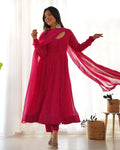 Lehenga Mart Designer Anarkali Suit With Kurta, Pant, Dupatta For Women-Rani Pink