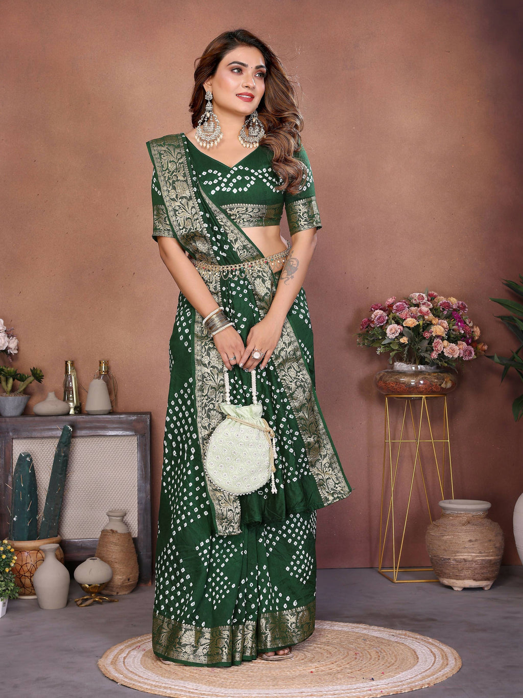 Aastha Fashion Green Pure Dola Silk Handmade Original Bandhej Saree