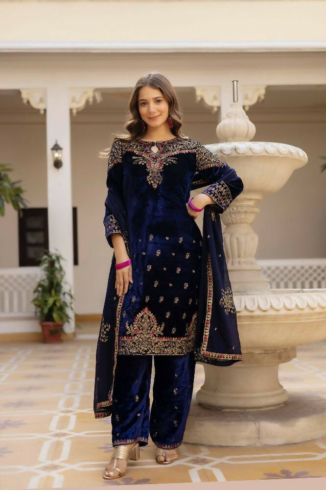 Teeya Creation Blue Color Pure Velvet Embroidery Work Wedding Wear Salwar Suit
