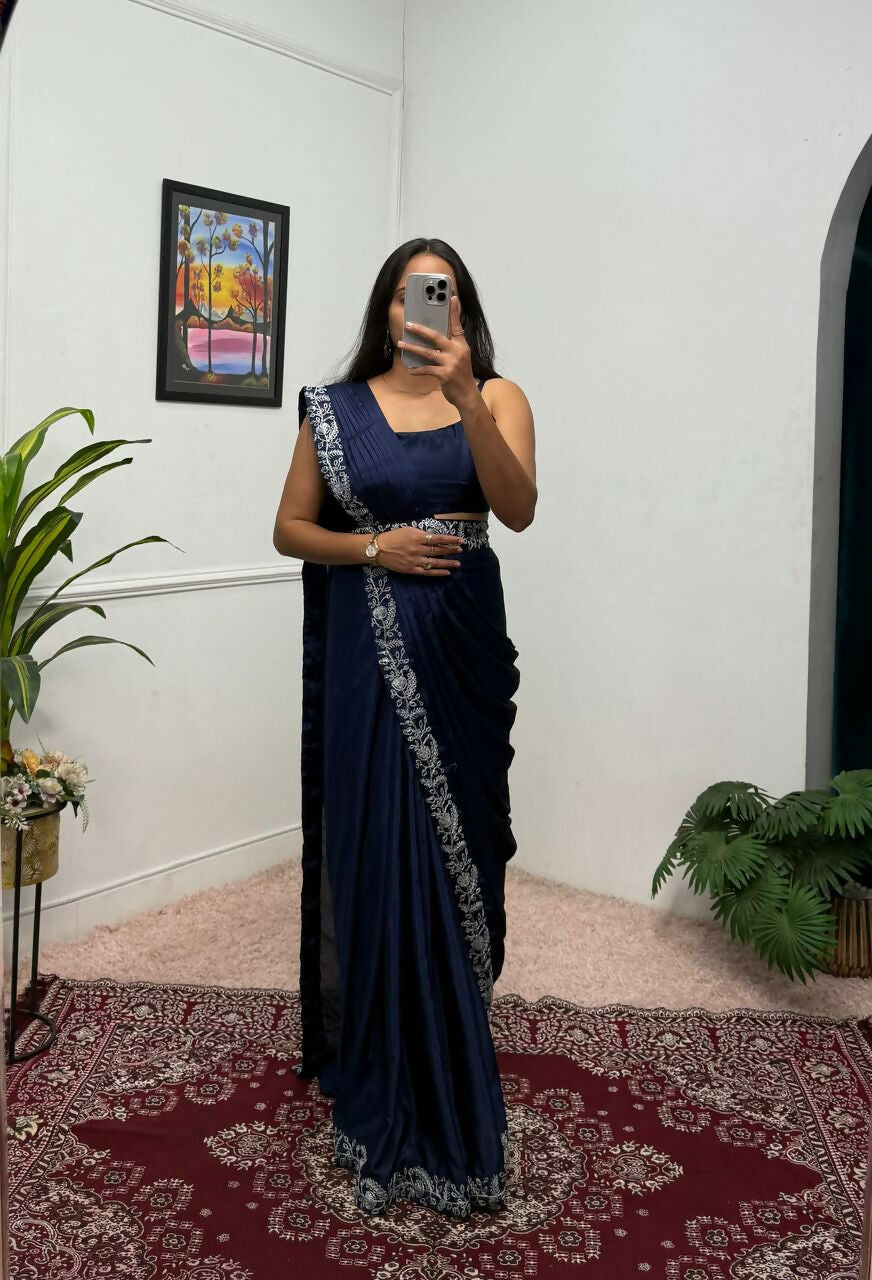 Teeya Creation Blue Color Chinon Silk Wedding Wear Ready To Wear Saree With Koti
