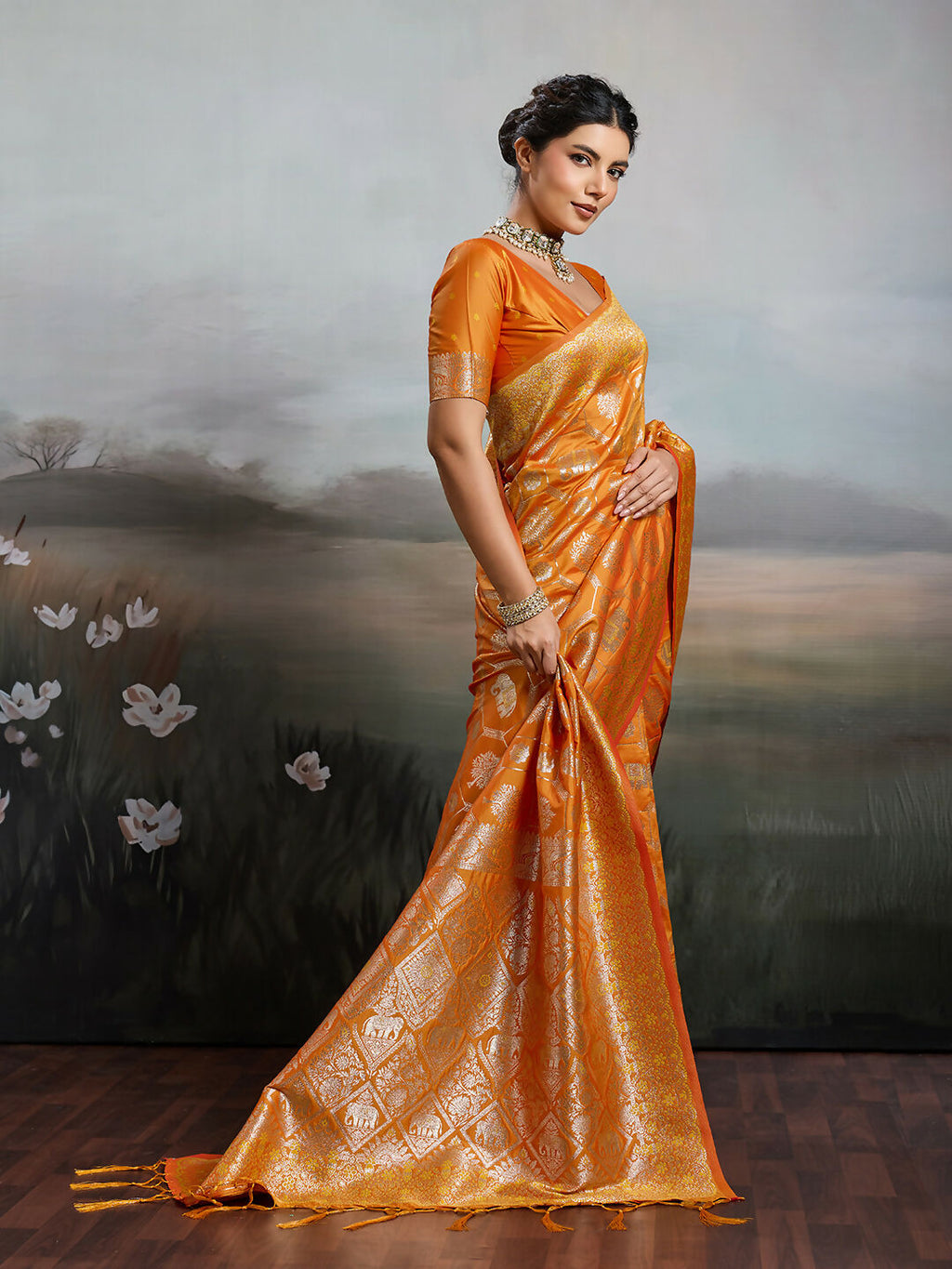 Shree Shyam Fashion Orange Silk Blend Saree