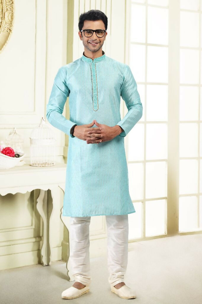Raivat Ethnic Jacquard Art Silk Thread Work Kurta Pajama In Sky Blue Colour