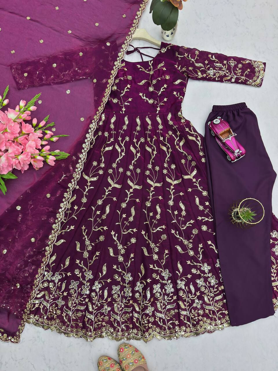 Teeya Creation Wine Color Faux Georgette Long Party Wear Gown