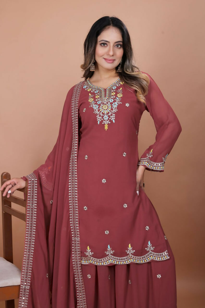 Teeya Creation Brown Color Faux Georgette Embroidery Work Wedding Wear Palazzo Set