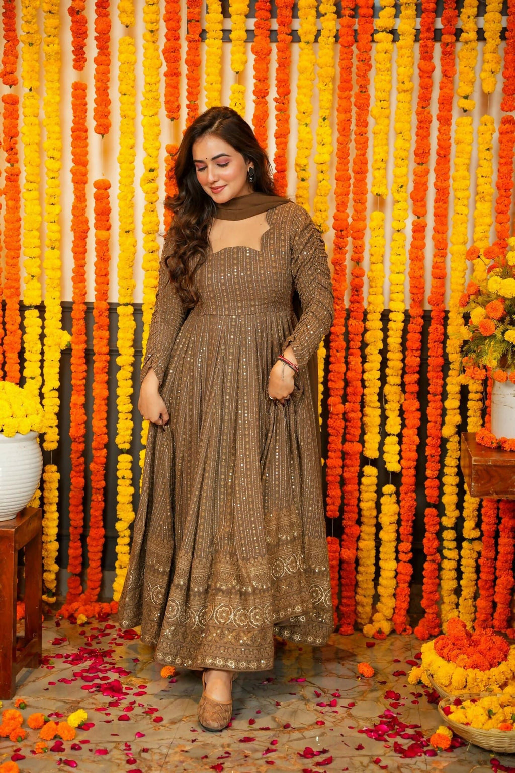 Aayaa Designer Embroidery Zari Sequins Work Faux Blooming Georgette Suit - Brown