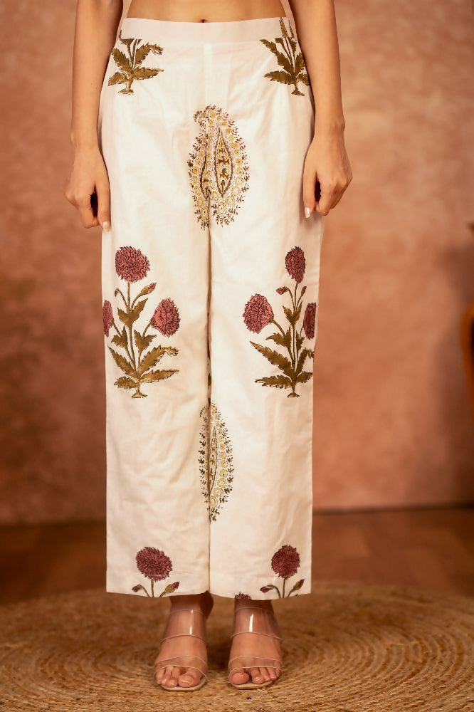 Joban Fashion Off White Red Floral Hand Block Printed Cotton Kurta Pant Set