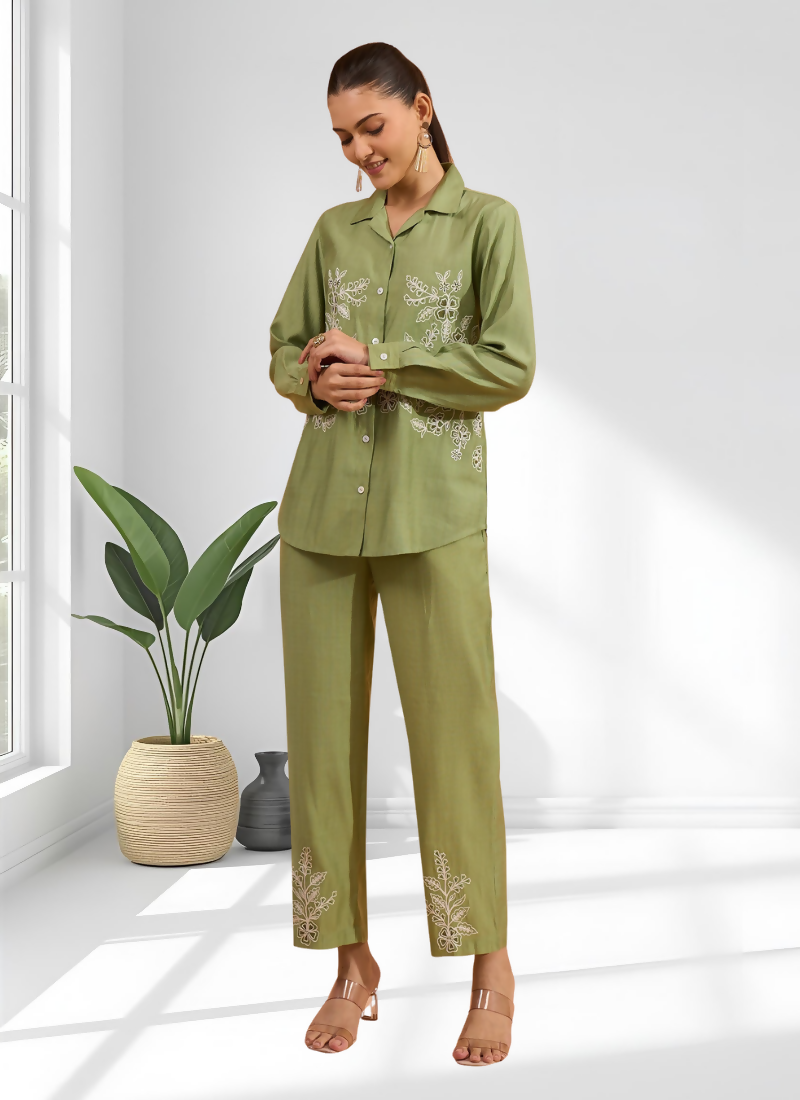 Joban Fashion Green Silk Embroidered Readymade Cord Set