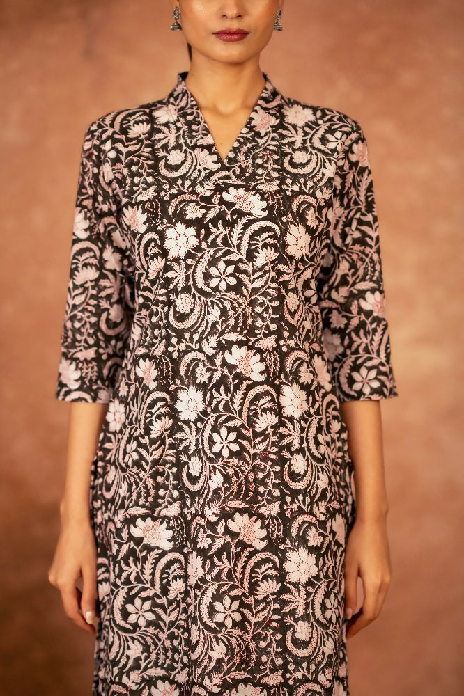 Joban Fashion Black Floral Hand Block Printed Cotton Kurta Pant Set