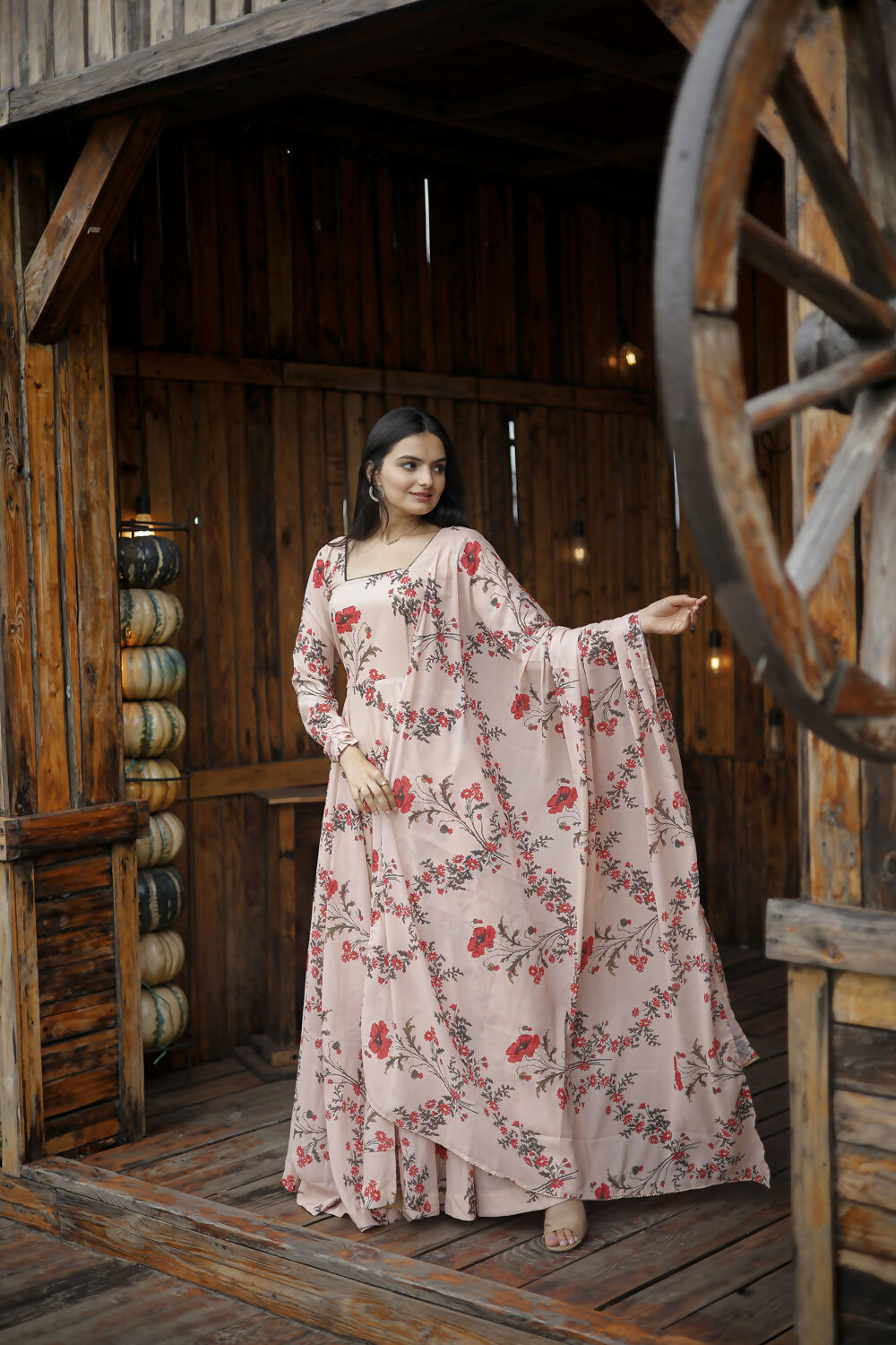 Aayaa Designer Printed Georgette Full Flare Gown With Dupatta - Multi Color