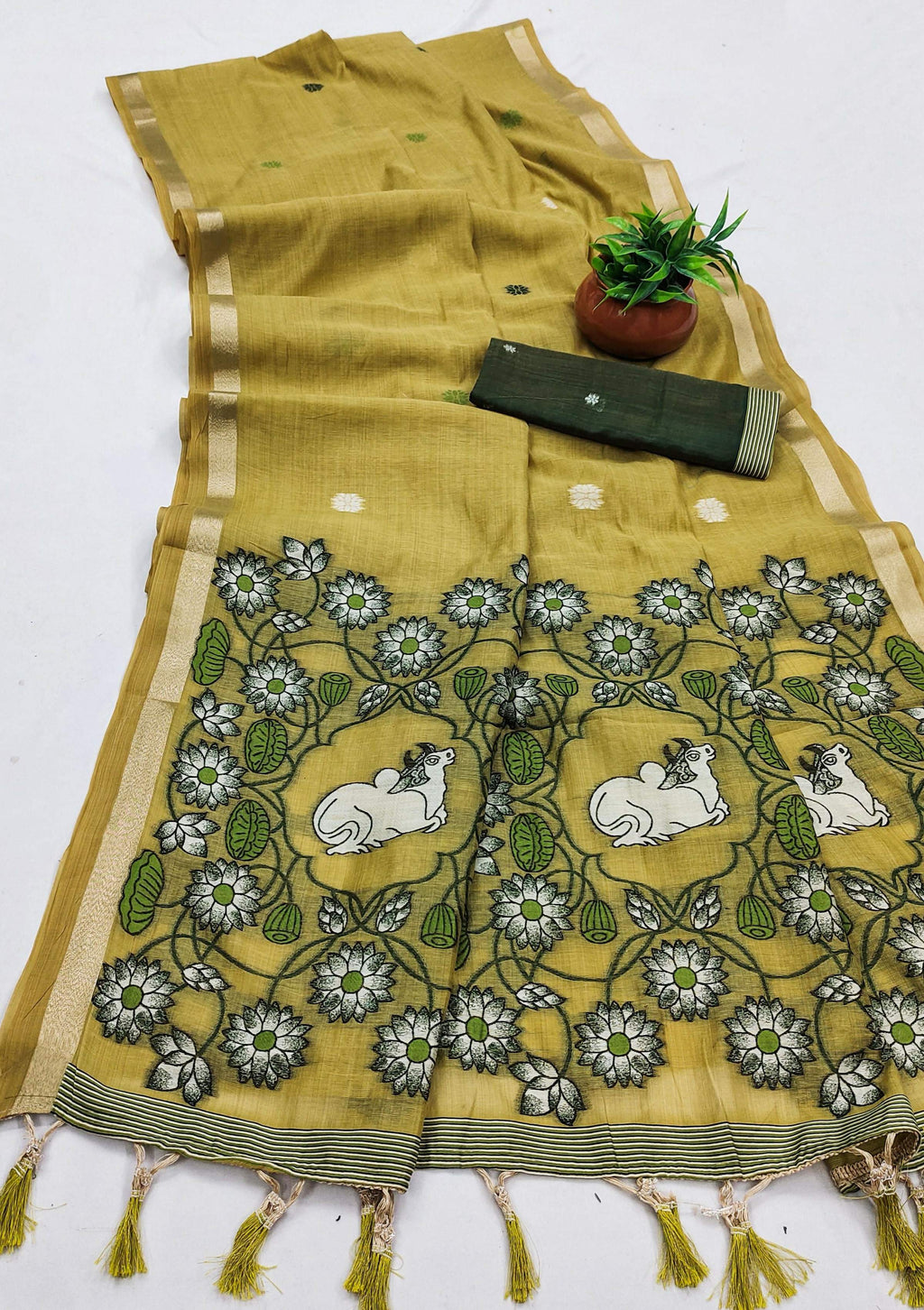 Vastranavya Yellow Muga Cotton Meenakari & Azarakh Pallu Saree with Contrast Blouse