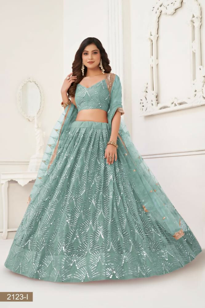Aastha Fashion Ocean Blue Butterfly Net Tone To Tone Thread Work, Sequence Work And Original Mirror Work Embroidery Wedding Wear Lehenga Choli