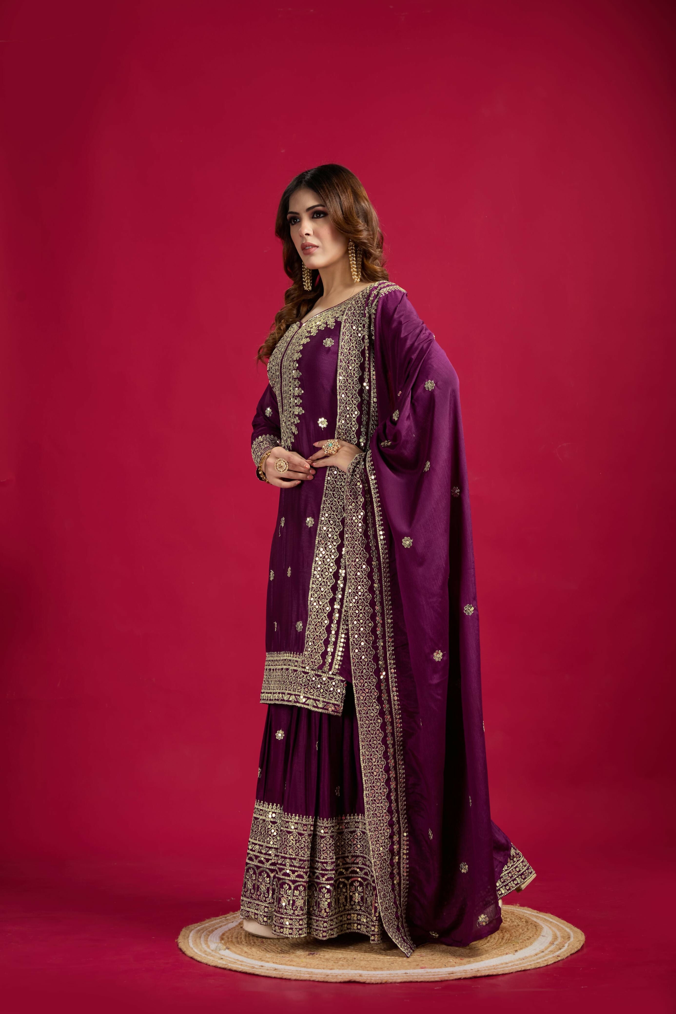 Joban Fashion Violet Kurta Set Silk Sequins , Zari, Coding & Thread Embroidered work