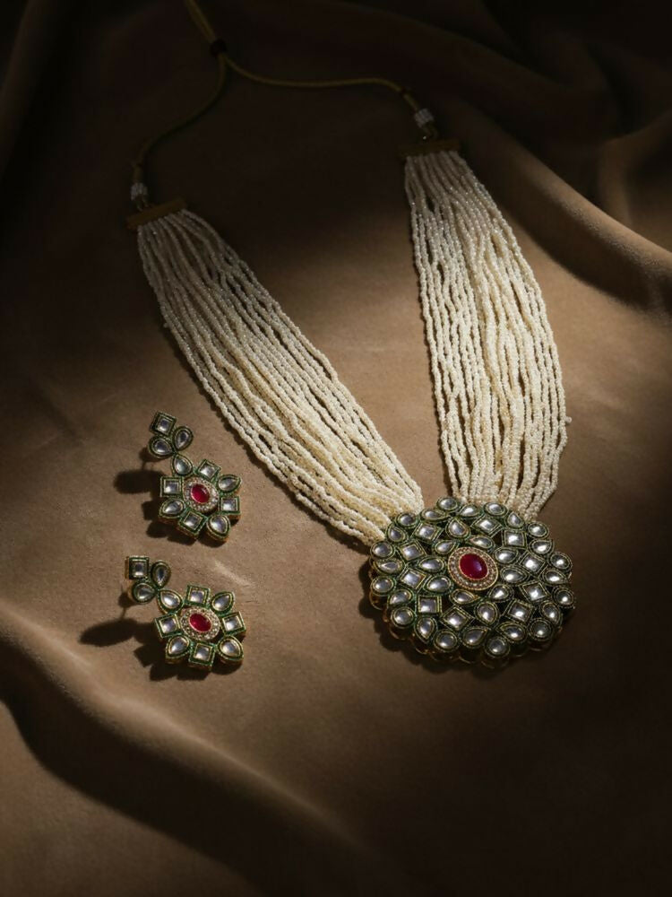 NVR Women Gold Plated White Kundan Jewellery Set