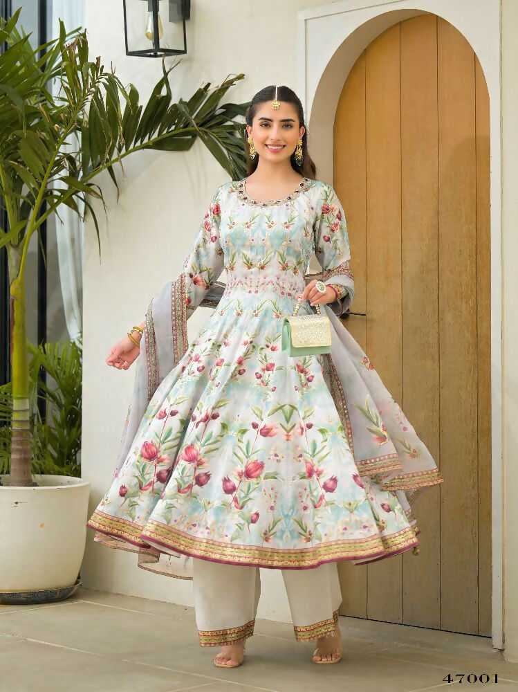 Functional Designer Sky Jam Silk Anarkali suit with Dupatta-Anbazaar