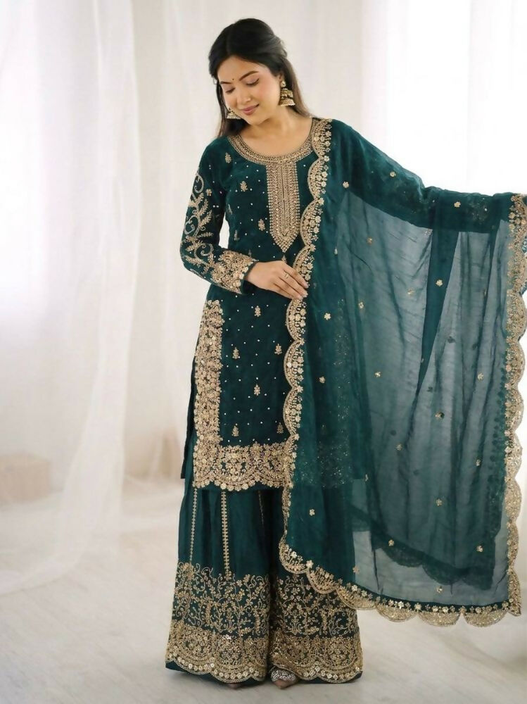 Teeya Creation Teal Color Fendy Silk Embroidery Work Wedding Wear Salwar Suit